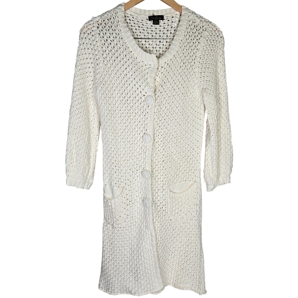 Cartise Womens Medium Cream Cotton Knit Crochet Button Front Cardigan Duster‎